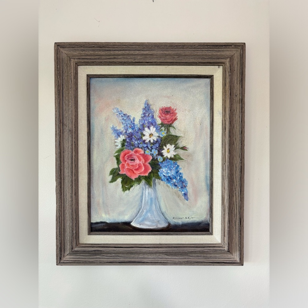 Vintage Original Millicent A. Kyler Still Life Floral Oil Painting 19.5 x 16.5